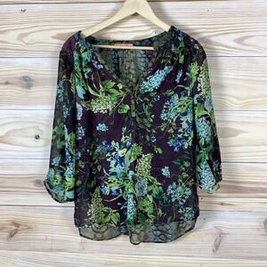 Olive Hill Blouse Womens Medium‎ Dark Floral Sheer Lace Henley Whimsigoth Boho